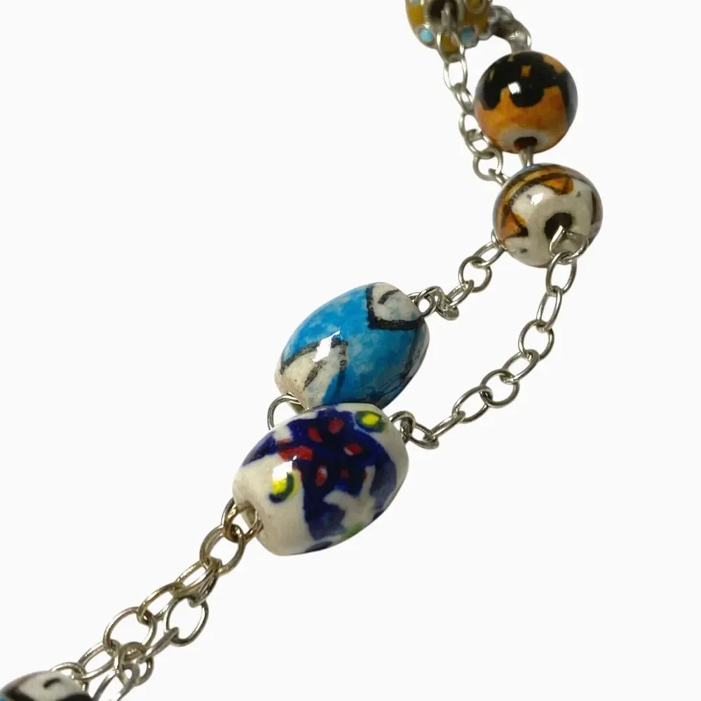 VTG Necklace Ceramic Resin Bead Station Painted Floral Art Long Boho Festival